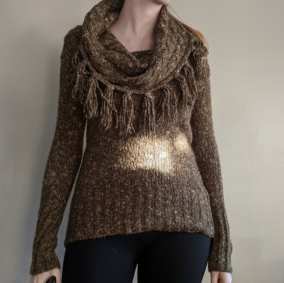 Kensie Green Tweed Cowl Neck Knit Tassel Sweater - Picture 6 of 8